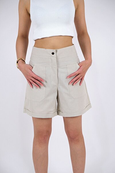 Türkiş Otantik kadın keten şort lastikli