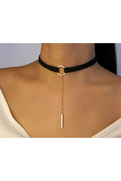 Nishstyle Altın Renk Künye Uçlu Siyah Kadife Choker Kolye