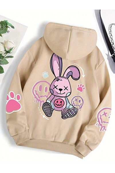 NoVibe Унисекс суитшърт с качулка и принт на заек - 3-слоен, 100% памук