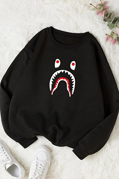 NoVibe Hanorac oversize fleece unisex cu imprimeu Bape Shark negru - guler 0, guler rotund