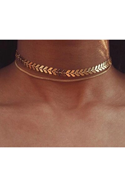 Nishstyle Altın Renk Balıksırtı Ve Düz Zincirli Ikili Choker Kolye