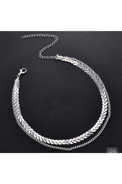 Nishstyle Gümüş Renk Balıksırtı Ve Düz Zincirli Ikili Choker Kolye