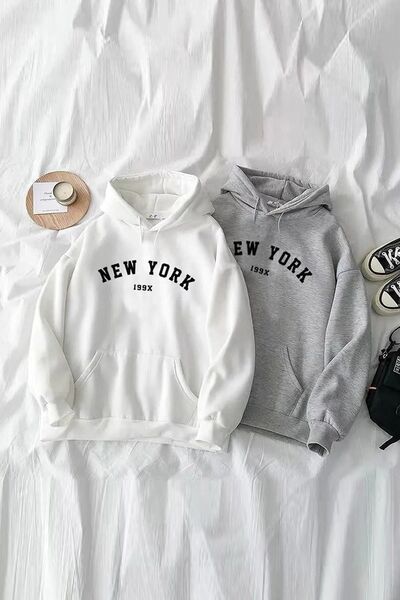 NoVibe Unisex Λευκό και Γκρι New York Printed Oversize Φούτερ με κουκούλα Σετ...