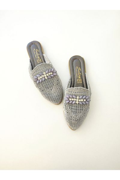 BUTİK İPEK Gray Stone Detailed Closed Straw Lace Knitted - Outdoor, Home, and Dowry Slippers