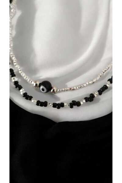 nasclaycollection Black and White Evil Eye Beaded Necklace 2 Pieces