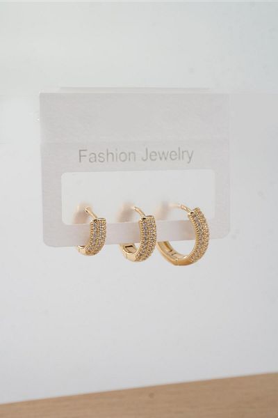 By Zeyna Aksesuar Vip Series Zircon Stone - 3 Sizes 3 Pieces Women's Earrings Set