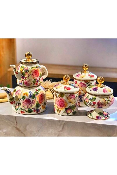 Miss Betty Emaye Çaydanlık Seti Gül Desen Yeni