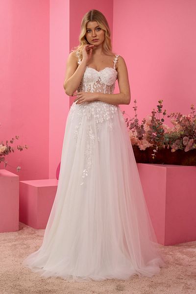 Lenta Moda Leaf Patterned White Strap Evening Dress - Wedding Dress