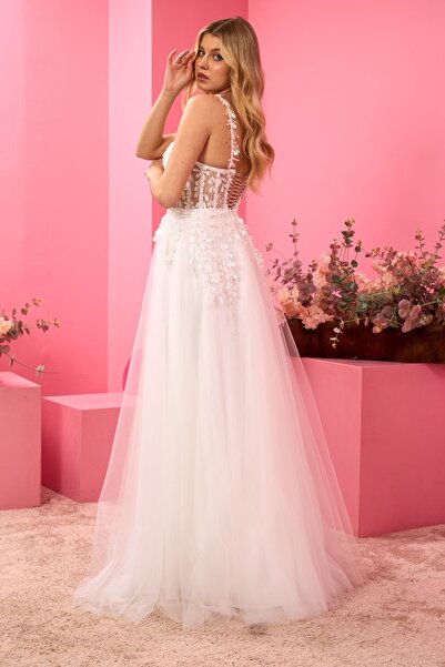 Lenta Moda Beyaz Yaprak Desen Askılı Abiye Ve Nikah Elbisesi