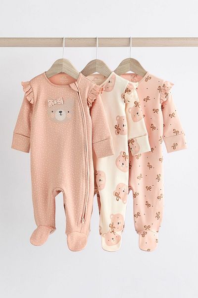 Next Baby Pink Bear Patterned 100% Cotton 3-Piece Overalls Set
