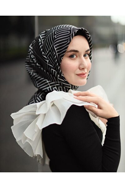 Silk Home وشاح حرير تيفيل بنمط هندسي أسود