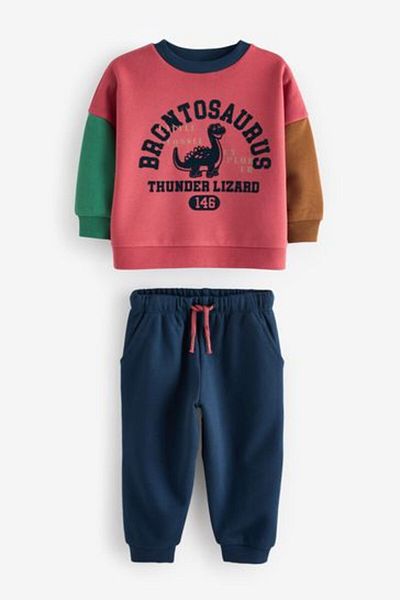 Next Baby Dinosaur Patterned Cotton Red/Blue Long Sleeve Suit Set