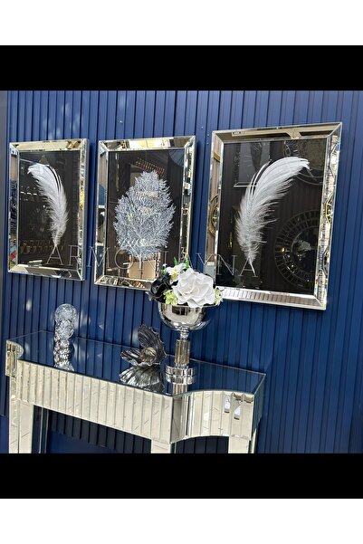 Armoni 3’lü Gümüş Aynalı Gümüş Simli Tüy Desen Tablo Seti