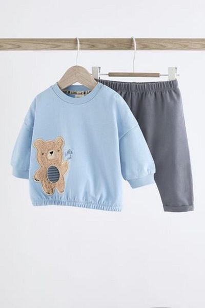 Next Baby Blue Teddy Bear Patterned Cotton Long Sleeve Suit Set