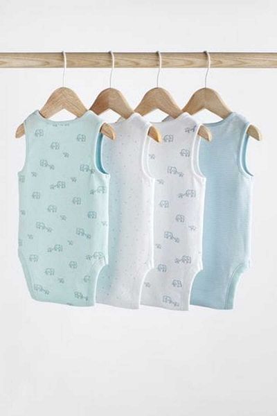 Next Baby White Blue Elephant Patterned 4-Piece Cotton Bodysuit Set