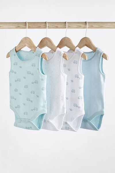 Next Baby White Blue Elephant Patterned 4-Piece Cotton Bodysuit Set