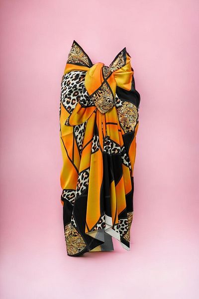 pistore Black Yellow Leopard Print Long Pareo Satin No Sheer Women's Beach Dress New Season