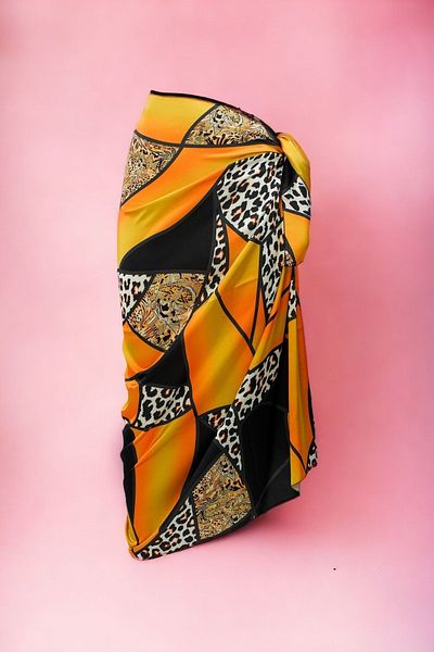 pistore Black Yellow Leopard Print Long Pareo Satin No Sheer Women's Beach Dress New Season