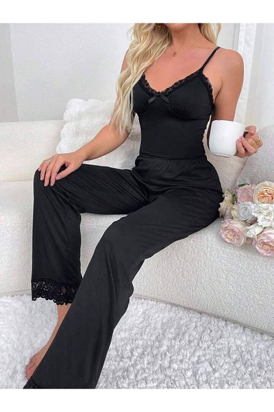 BLACK Σετ γυναικεία πιτζάμες μαύρη δαντέλα