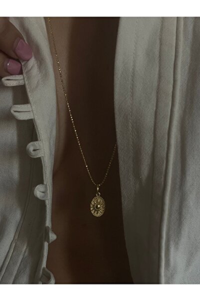 Sade Accessory Güneş Detaylı Uzun Top Zincirli Plaka Kolye
