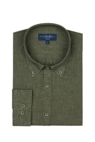 Germirli Yeşil Düğmeli Yaka Tailor Fit Delave Keten Gömlek