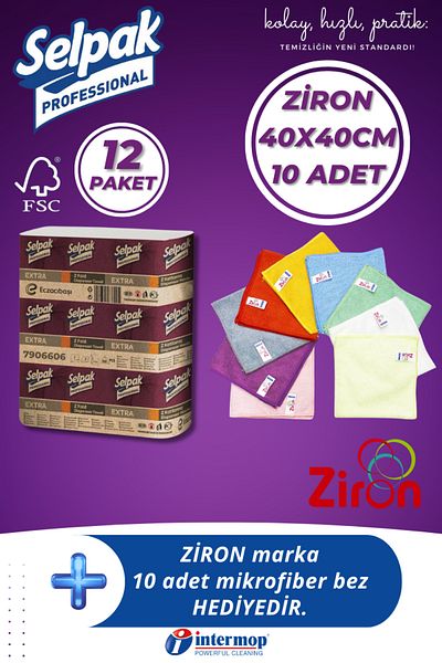 Selpak Professional Extra Z Fold Dispenser - 200 Towels, 12 Pkt-2 + Ziron Microfiber 10 Pieces