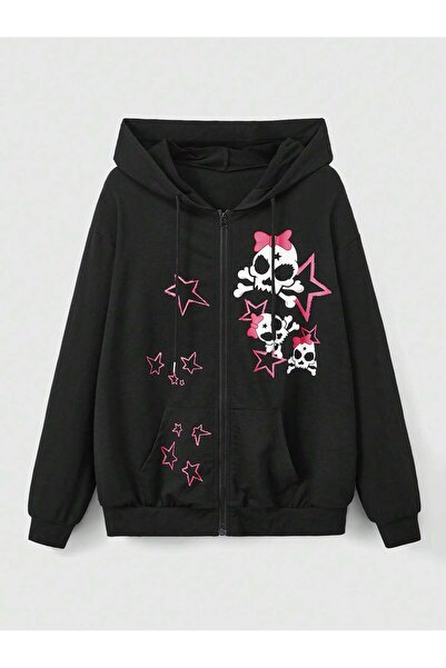 Deocept Jachetă hanorac oversize cu glugă și fermoar - Imprimată