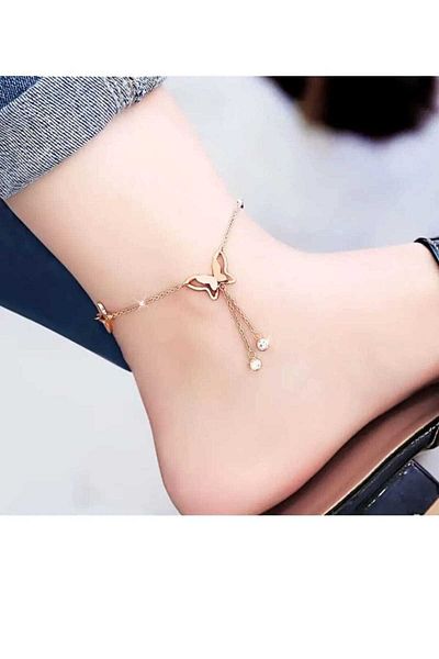 ESJ Stainless Steel Butterfly Detail Women's Anklet 20+5 cm Rose