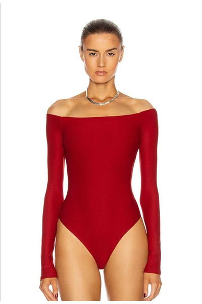 by eymen design Women's Red Madonna Collar Long Sleeve Bodysuit