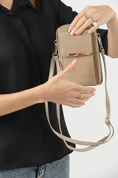 Universal Platin Kadın Çapraz Askılı Telefon 3 Bölmeli Cüzdan Çanta