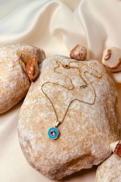 MOONİ ACCESSORİES Çelik Zincir Kolye Zirkon Taşlı Mavi Mineli Tektaş Kadın 316l