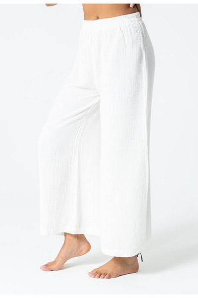 RUBYSTARS White Muslin Comfortable Cut Elastic Waist Wide Leg Bohemian Trousers