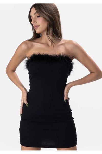 Shop Krutzo Siyah Straplez Kadın Mini Tüylü Abiye Gece Elbise