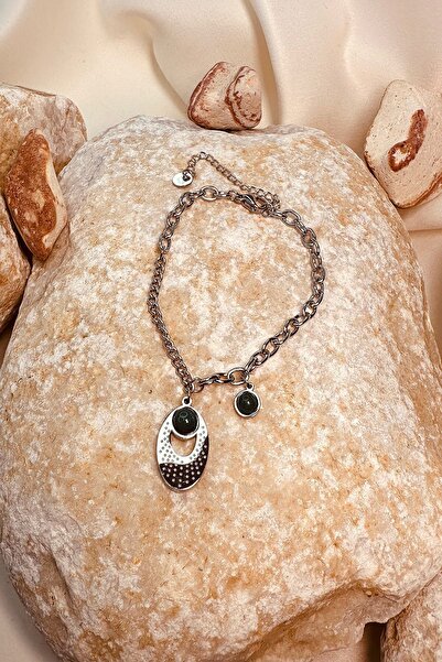 MOONİ ACCESSORİES سوار نسائي من الفولاذ المقاوم للصدأ بتصميم حجر أخضر فضي اللون