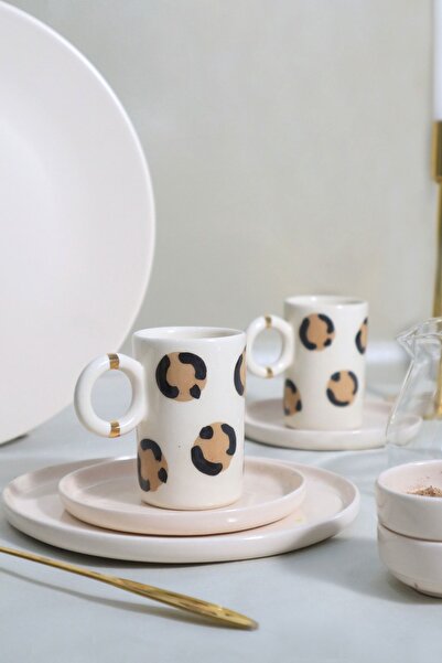 ada mia seramik طقم كوب سيراميك مصنوع يدويًا من قطعتين بنمط الفهد 24 قيراط مزين بالذهب 120 مل