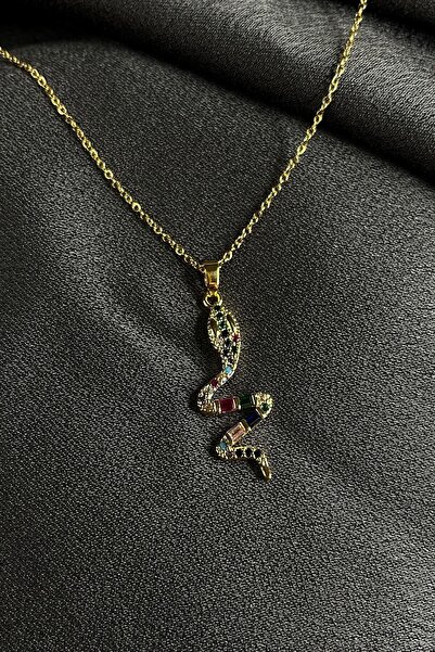 MOONİ ACCESSORİES Çelik Yılan Model Renkli Zirkon Taşlı Altın Renk 316l Kolye 44 Cm