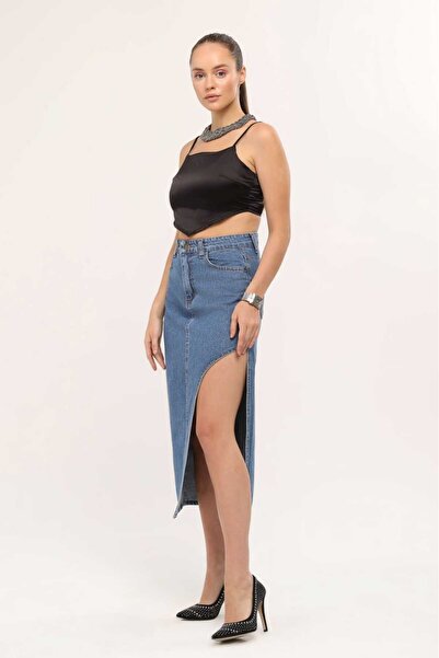 Vovikon KN Ön Parçalı Denim Asimetrik Kadın Kot Etek