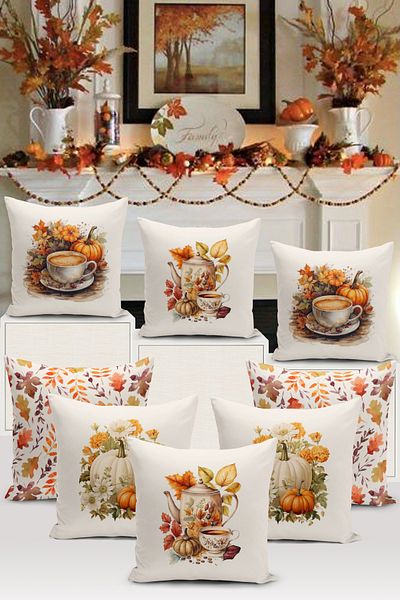 Bertille Home Autumn Series - Double Sided Digital Printed 8-Piece Throw Pillow Set (Halloween)