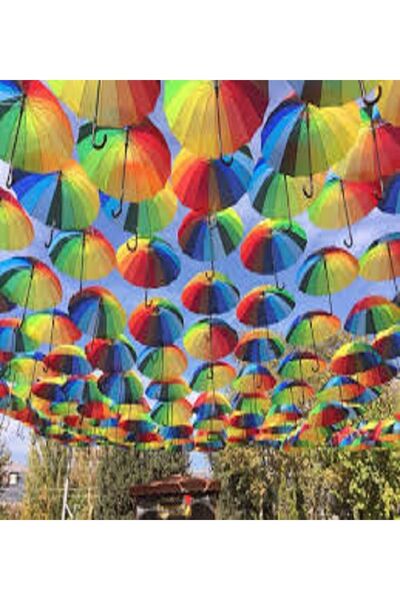 İRHANLAR 16 Telli Fiber Gökkuşağı Renkli Şemsiye Baston Görünümlü Cadde Sokak...