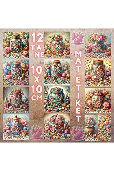 Pink Swan Craft Vintage în butoane în borcan - 12 buc. Set de autocolante pentru planificator pentru albume de însemnări Bullet Journal