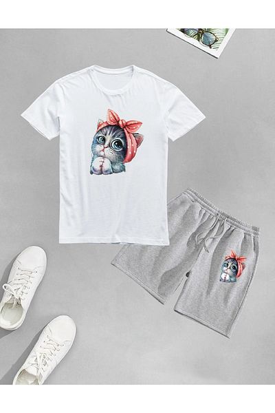 AY MONTANA LUNAVISTA Unisex Cute Little Cat Printed Shorts-T-shirt set