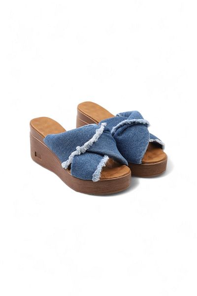Lady Mia Women's Wedge Heeled Denim Jeans Slippers