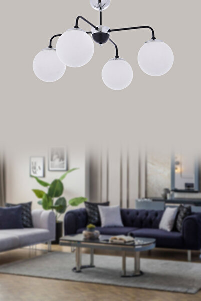 Step Aydınlatma Mai Beyaz Opal Camlı Krom-Siyah 4'lü Modern Avize Modeli Salo...