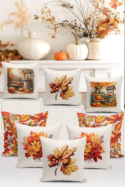 Bertille Home Autumn Series - Double Sided Digital Printed 8-Piece Throw Pillow Set (Halloween)