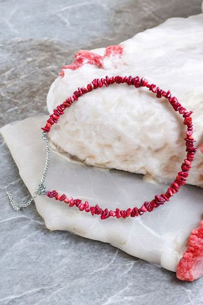 MGA DOĞAL TAŞ 1.Grade Quality - Natural Coral Stone Necklace with Steel Parrot and Chain Detail
