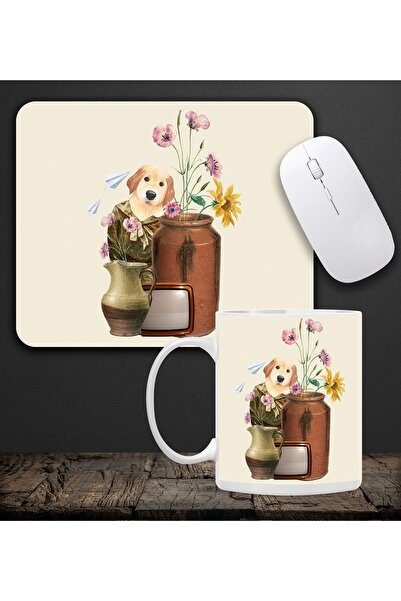 HobiShop Baskılı Kupa & Bej Renk Köpek Ve Çiçek Motifli Mouse Pad 23x19cm Far...