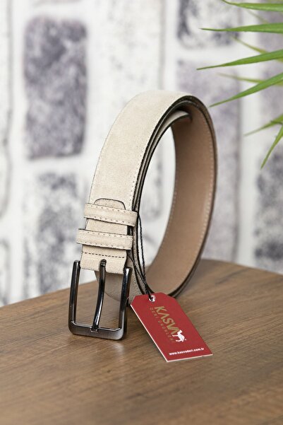 KASVA DERİ حزام من الجلد الأصلي باللون البيج مقاس 3.5 سم