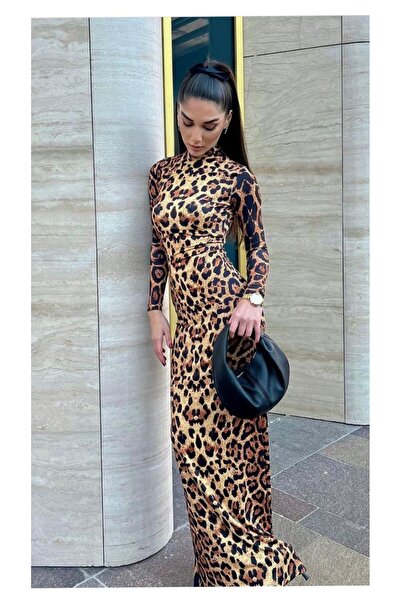 Asadia Leopar Desen Balıkçı Yaka Uzun Elbise