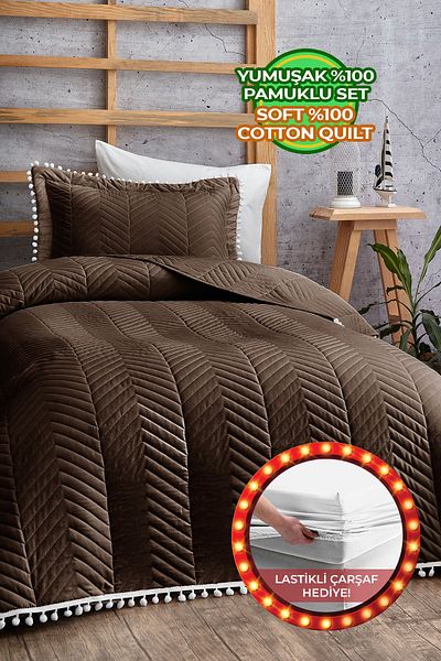 Evlen Home Collection طقم سرير فردي 100% قطن بوم بوم - كاجوال مملوء بالألياف، بني داكن