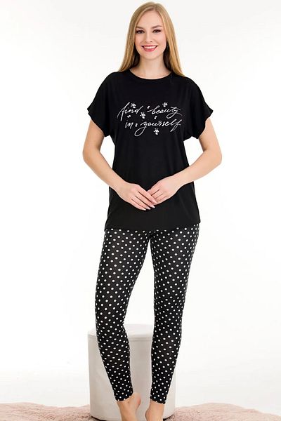 quilling Lady 12565 Set de pijamale cu mânecă scurtă din bumbac și viscoză cu buline negre Polka Dot